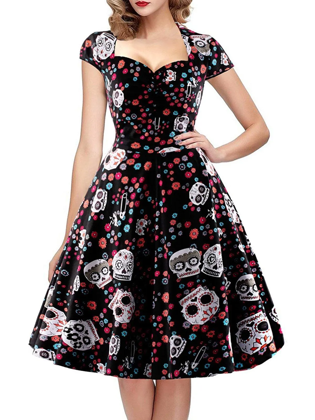 1950s Halloween Skull Floral Dress