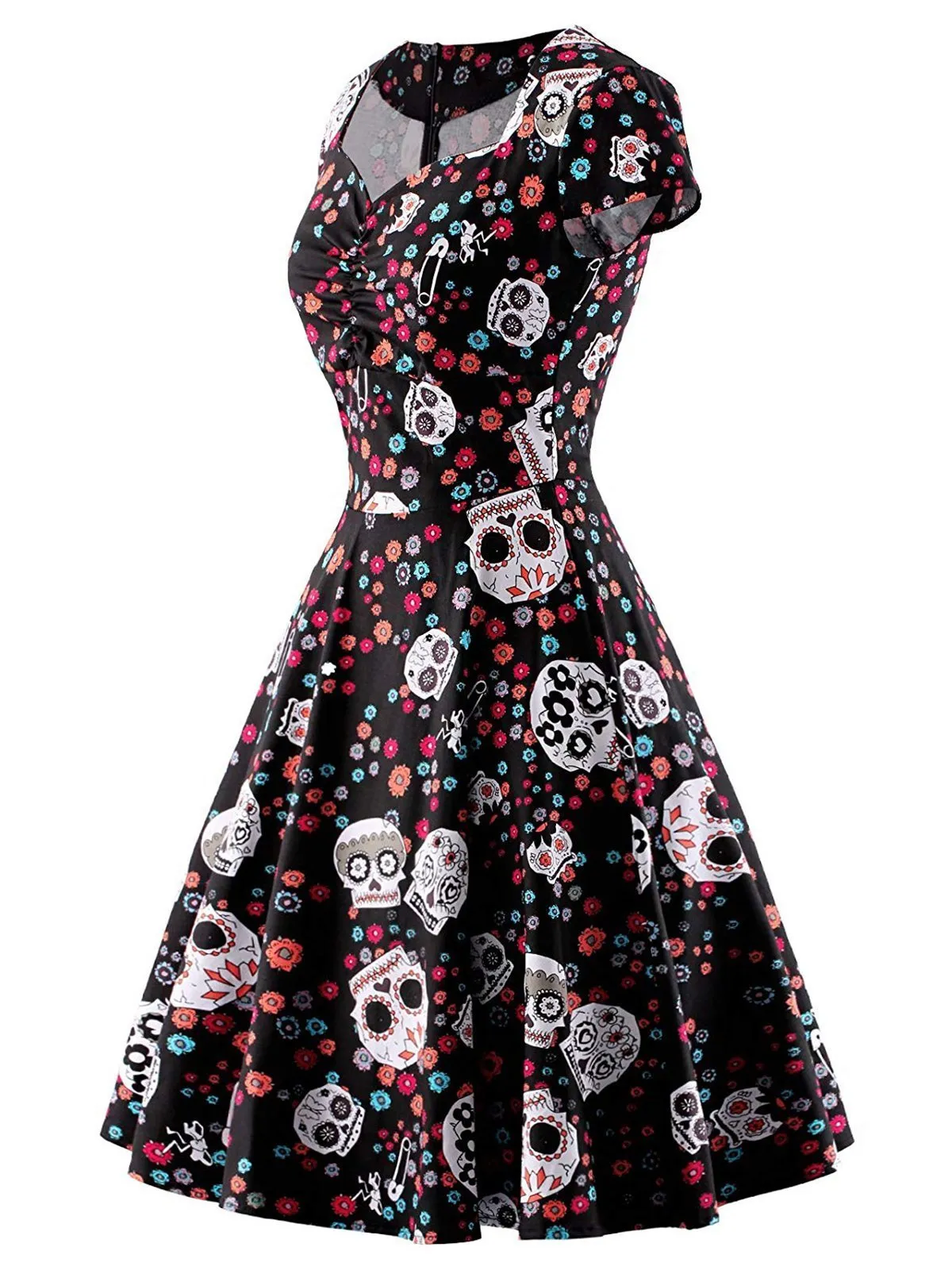 1950s Halloween Skull Floral Dress