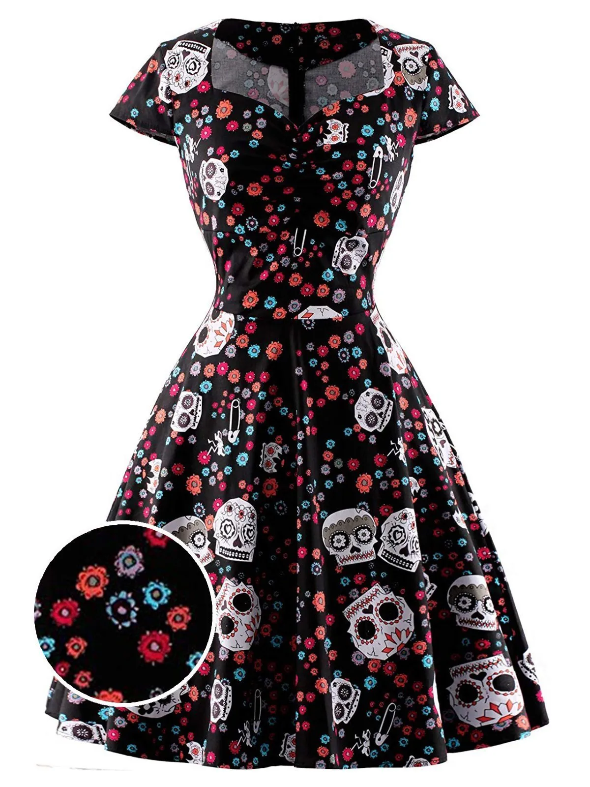 1950s Halloween Skull Floral Dress