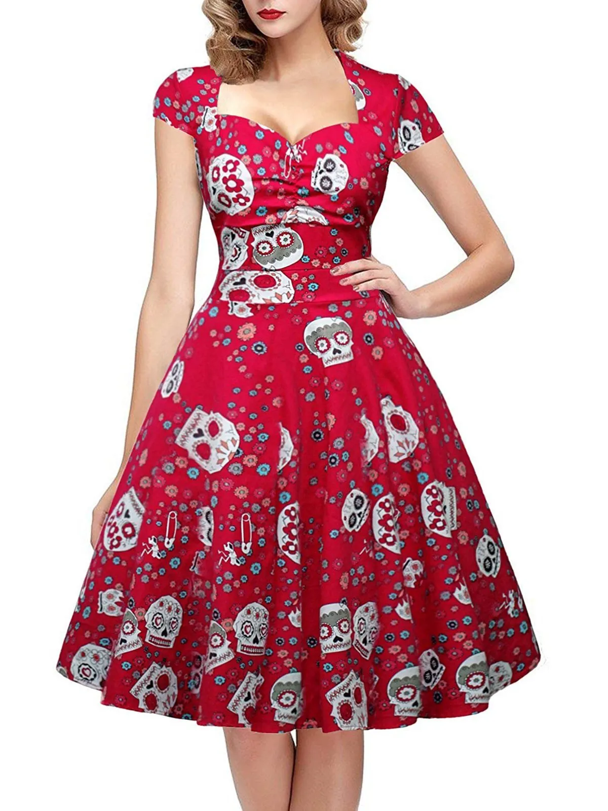 1950s Halloween Skull Floral Dress