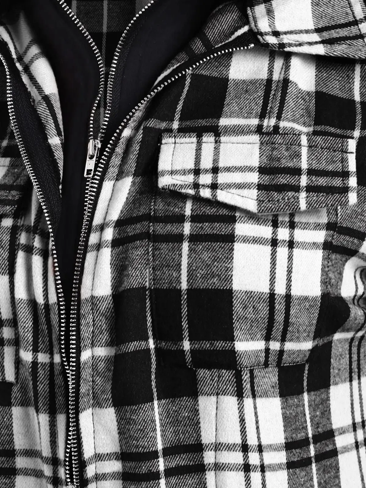 1950s Plaid Pocket Hooded Zipper Tops