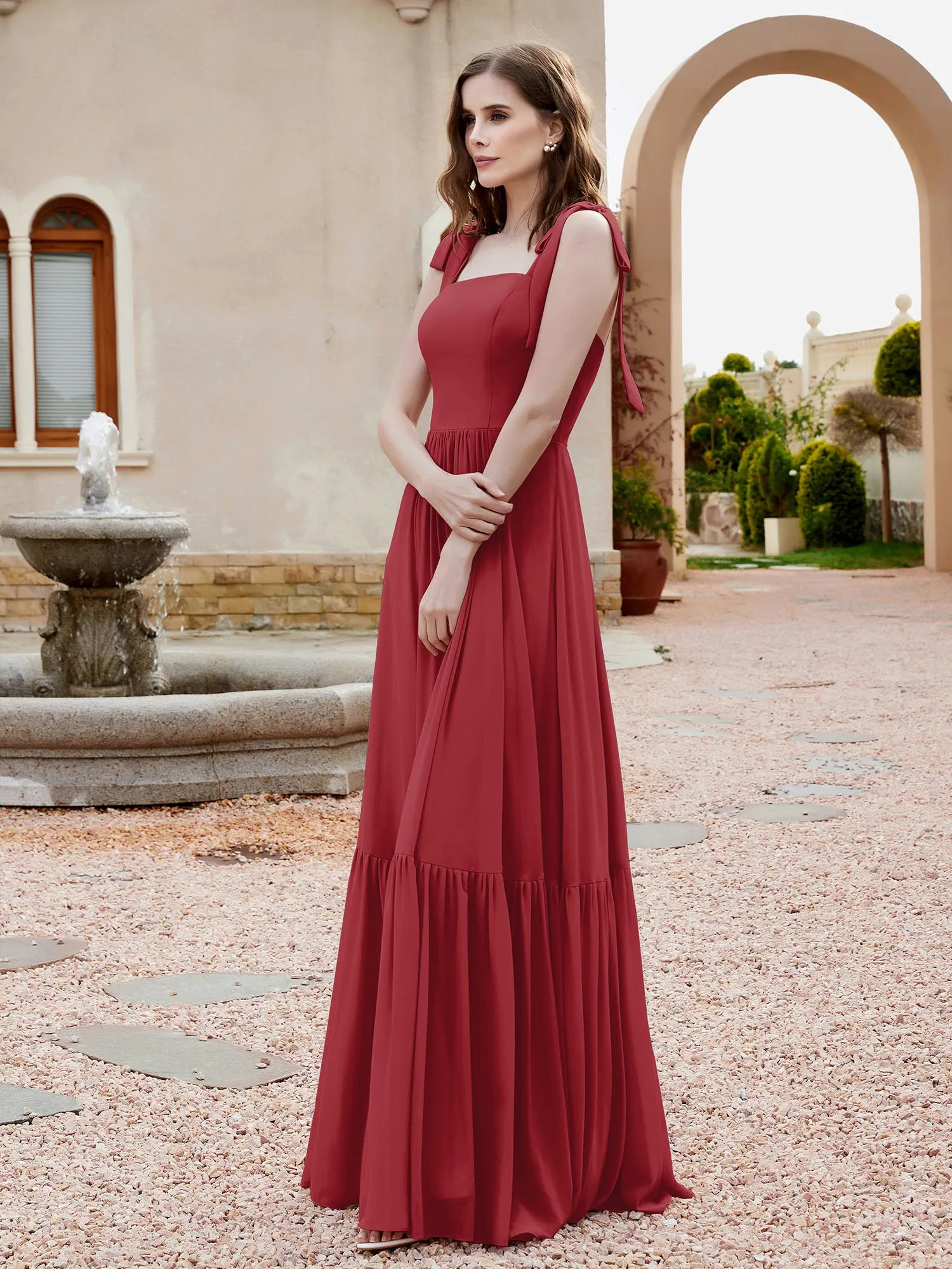 A-Line Bow Ruffle Sleeveless Chiffon Dress Burgundy