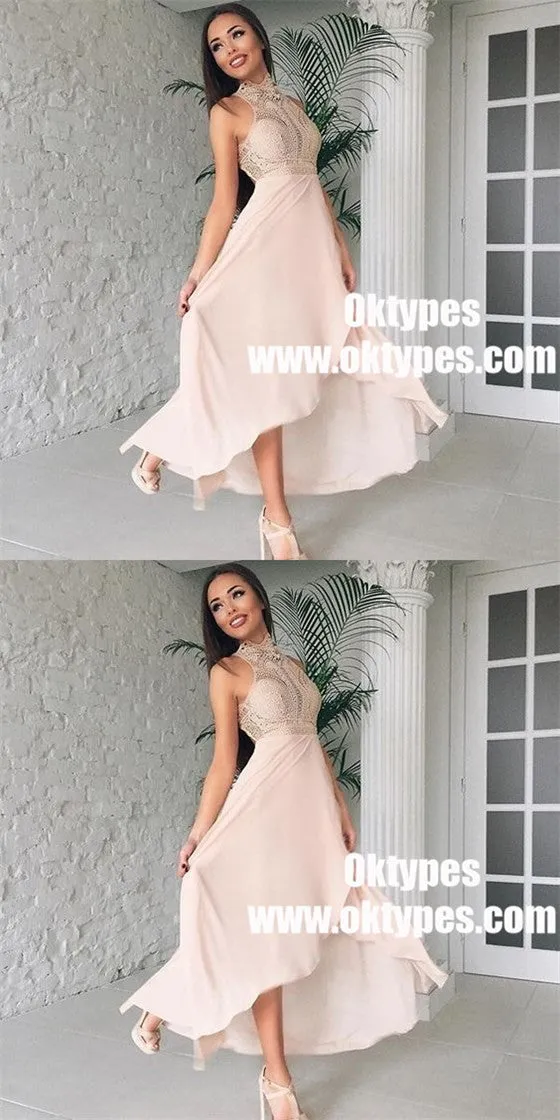 A-Line High Neck High Low Pink Long Bridesmaid Dress with Lace, TYP0935