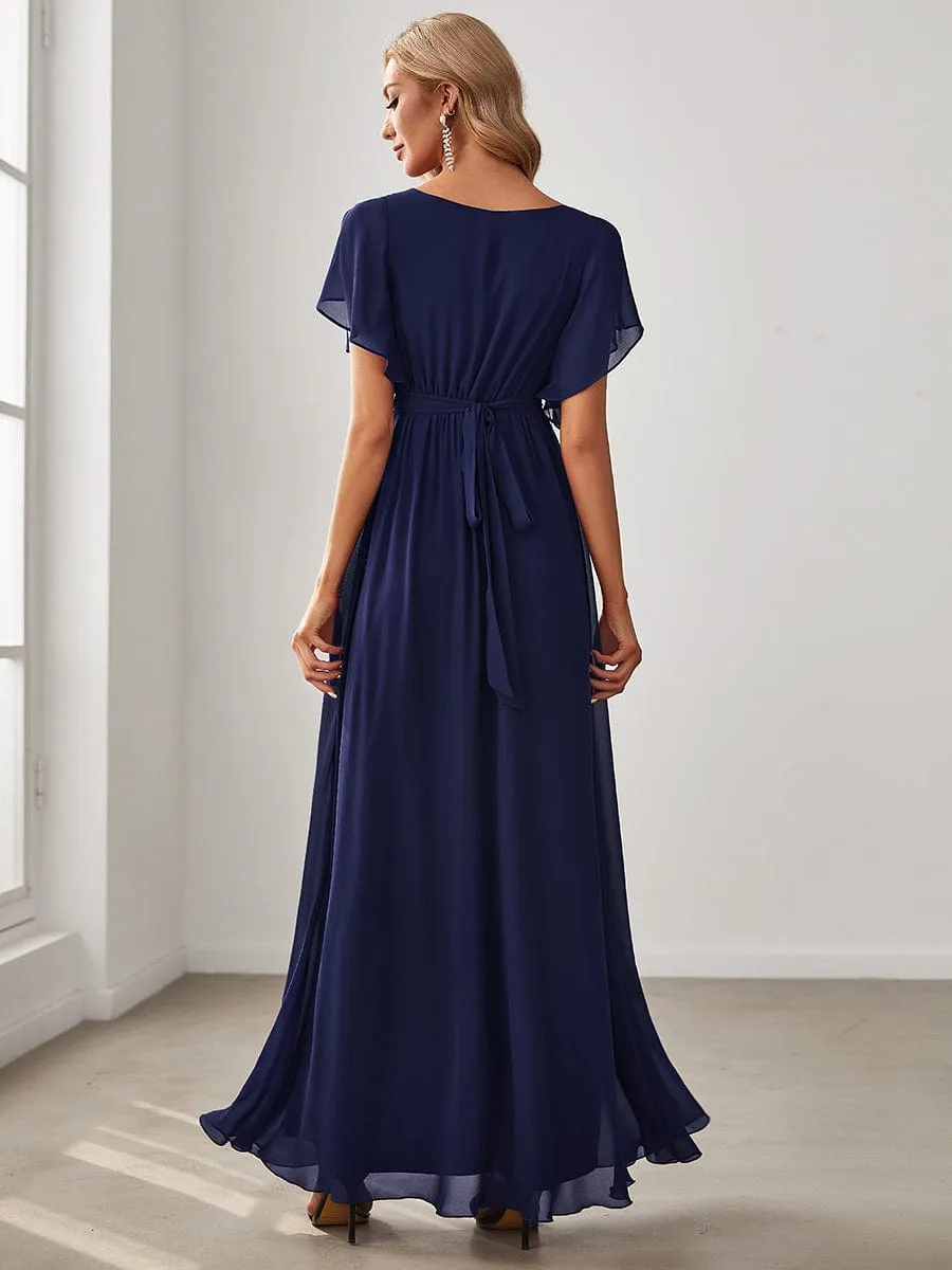 A-Line Pleated Chiffon Tie-Waist Wedding Guest Dress