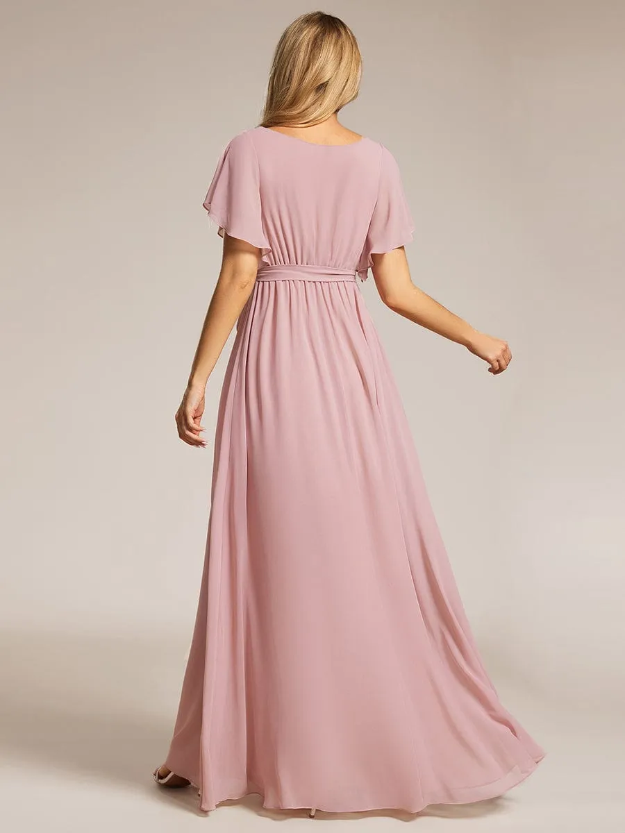 A-Line Pleated Chiffon Tie-Waist Wedding Guest Dress