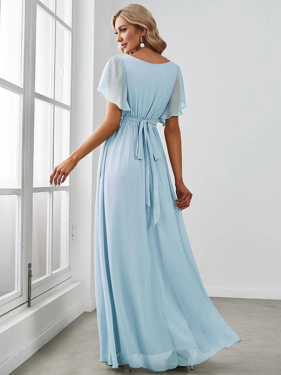 A-Line Pleated Chiffon Tie-Waist Wedding Guest Dress