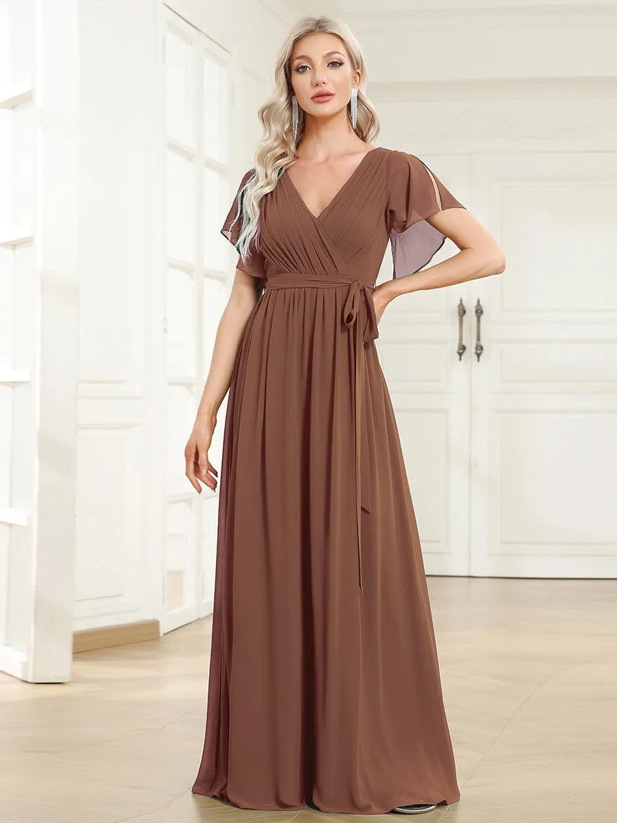 A-Line Pleated Chiffon Tie-Waist Wedding Guest Dress