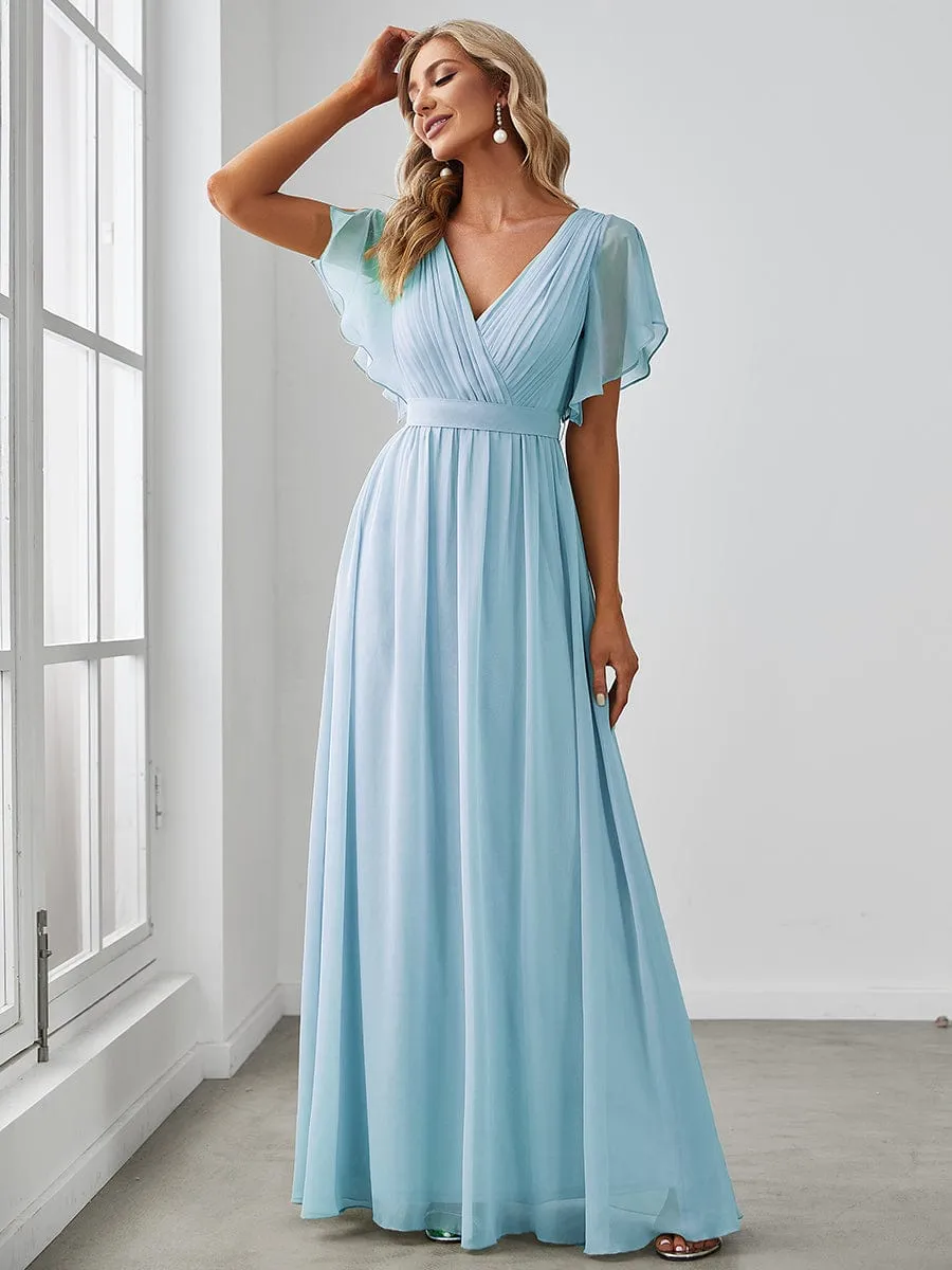 A-Line Pleated Chiffon Tie-Waist Wedding Guest Dress