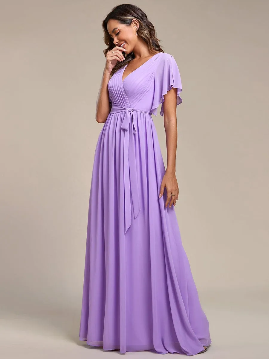 A-Line Pleated Chiffon Tie-Waist Wedding Guest Dress