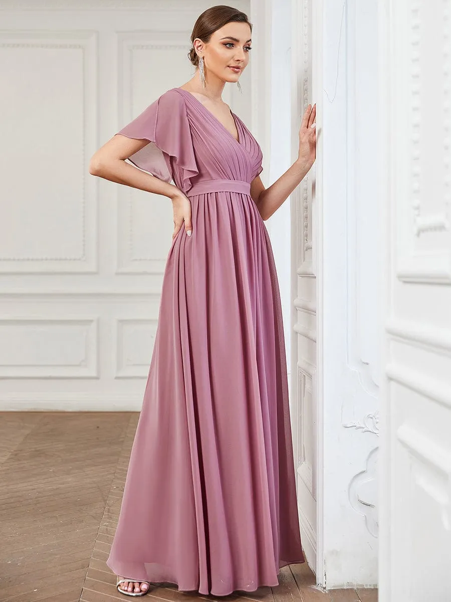 A-Line Pleated Chiffon Tie-Waist Wedding Guest Dress