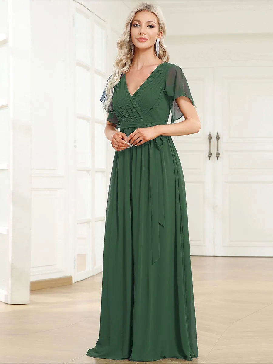 A-Line Pleated Chiffon Tie-Waist Wedding Guest Dress