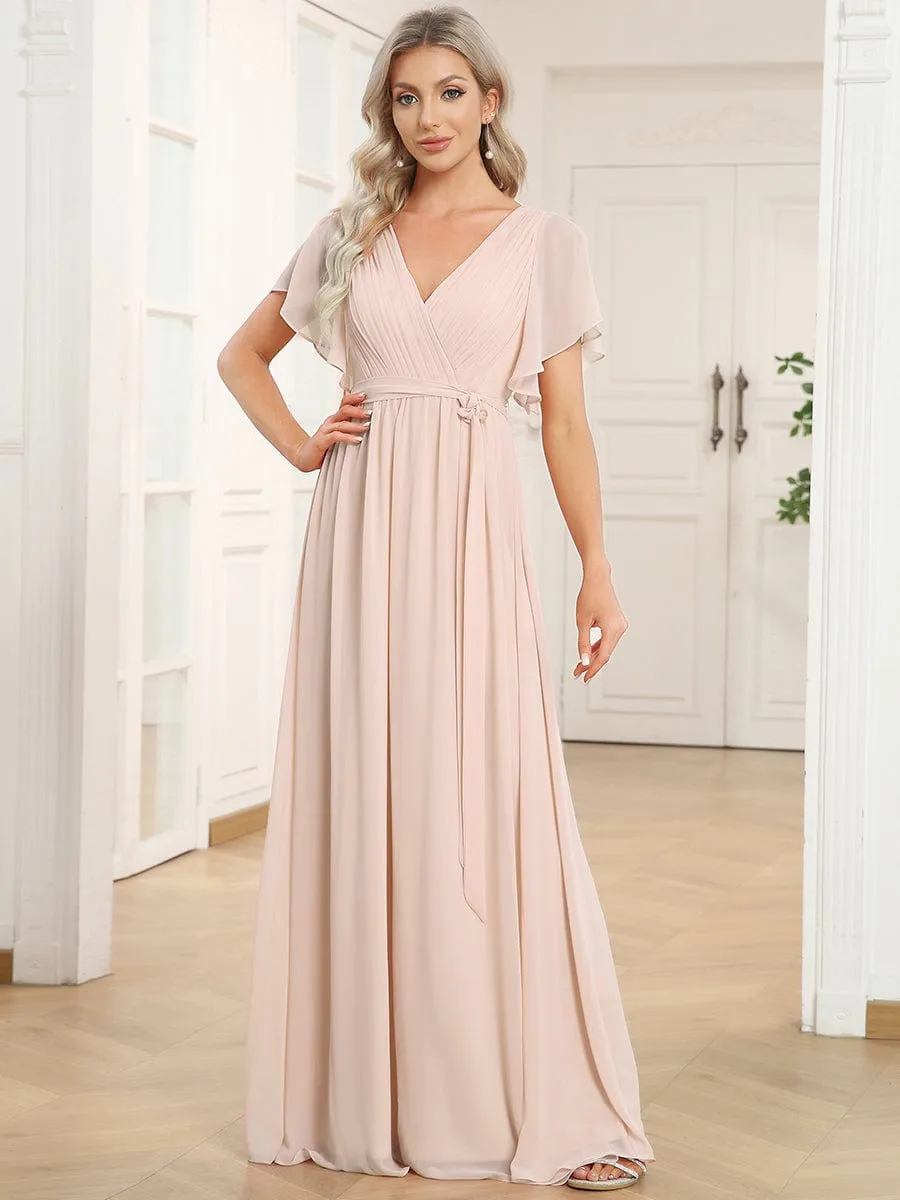 A-Line Pleated Chiffon Tie-Waist Wedding Guest Dress