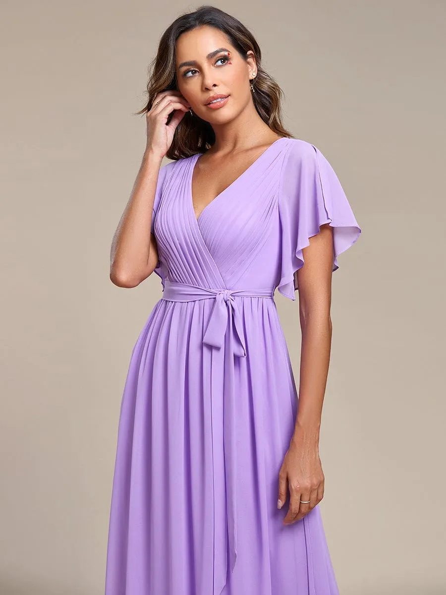 A-Line Pleated Chiffon Tie-Waist Wedding Guest Dress