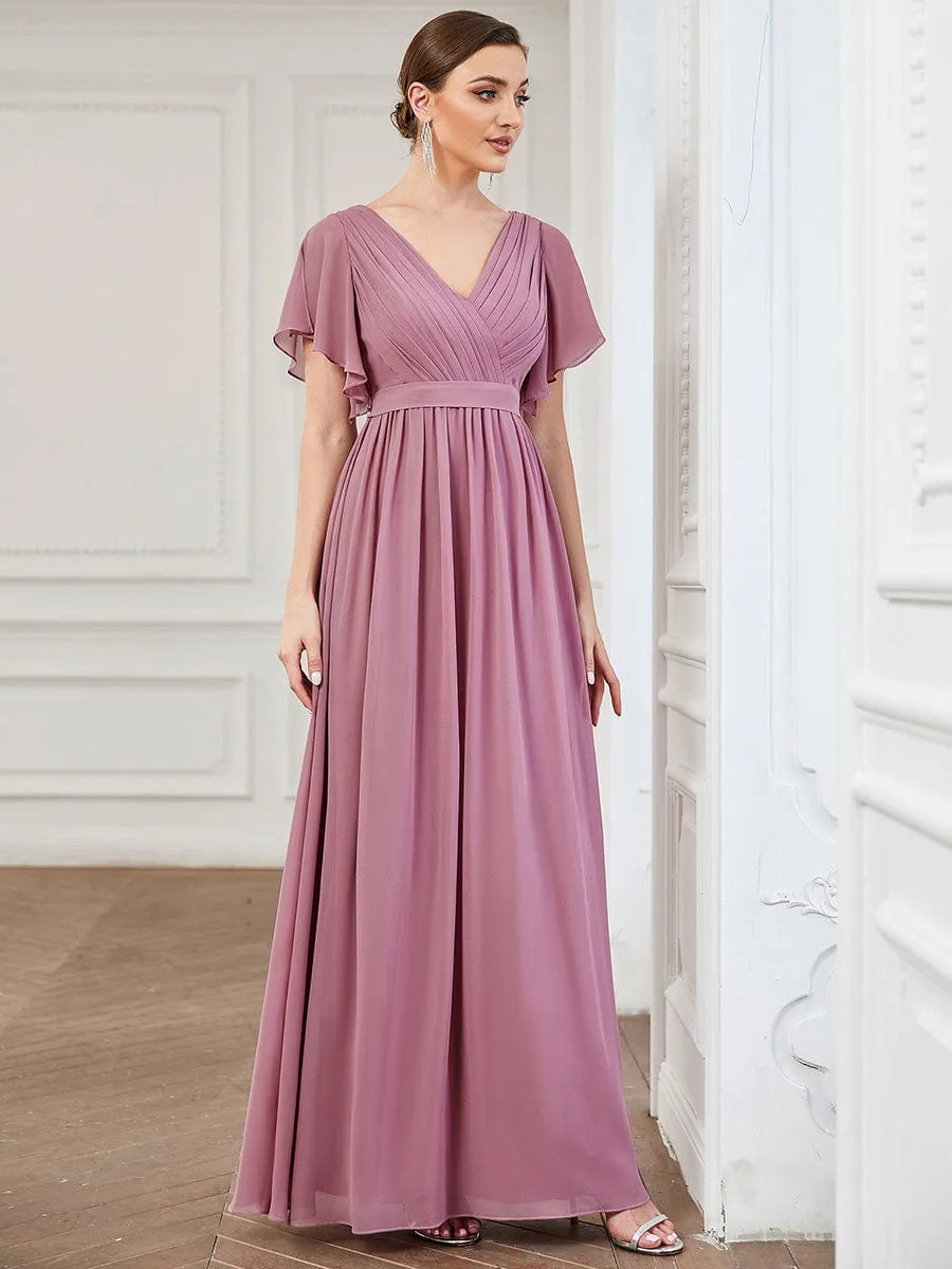 A-Line Pleated Chiffon Tie-Waist Wedding Guest Dress