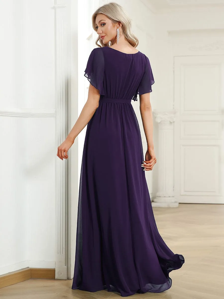 A-Line Pleated Chiffon Tie-Waist Wedding Guest Dress