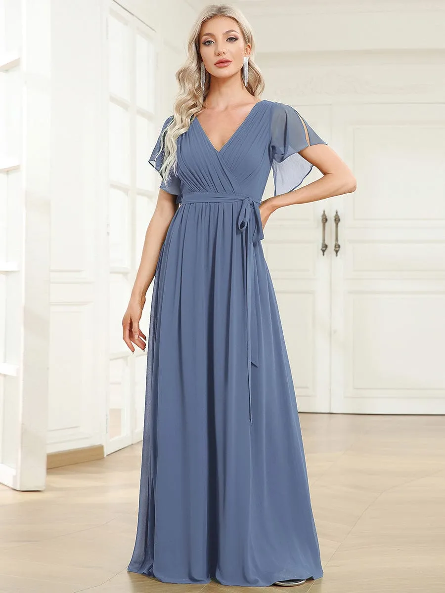 A-Line Pleated Chiffon Tie-Waist Wedding Guest Dress