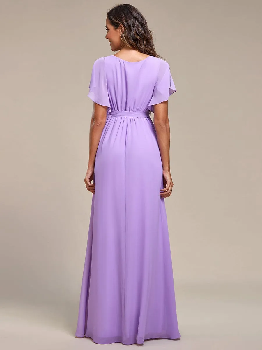 A-Line Pleated Chiffon Tie-Waist Wedding Guest Dress