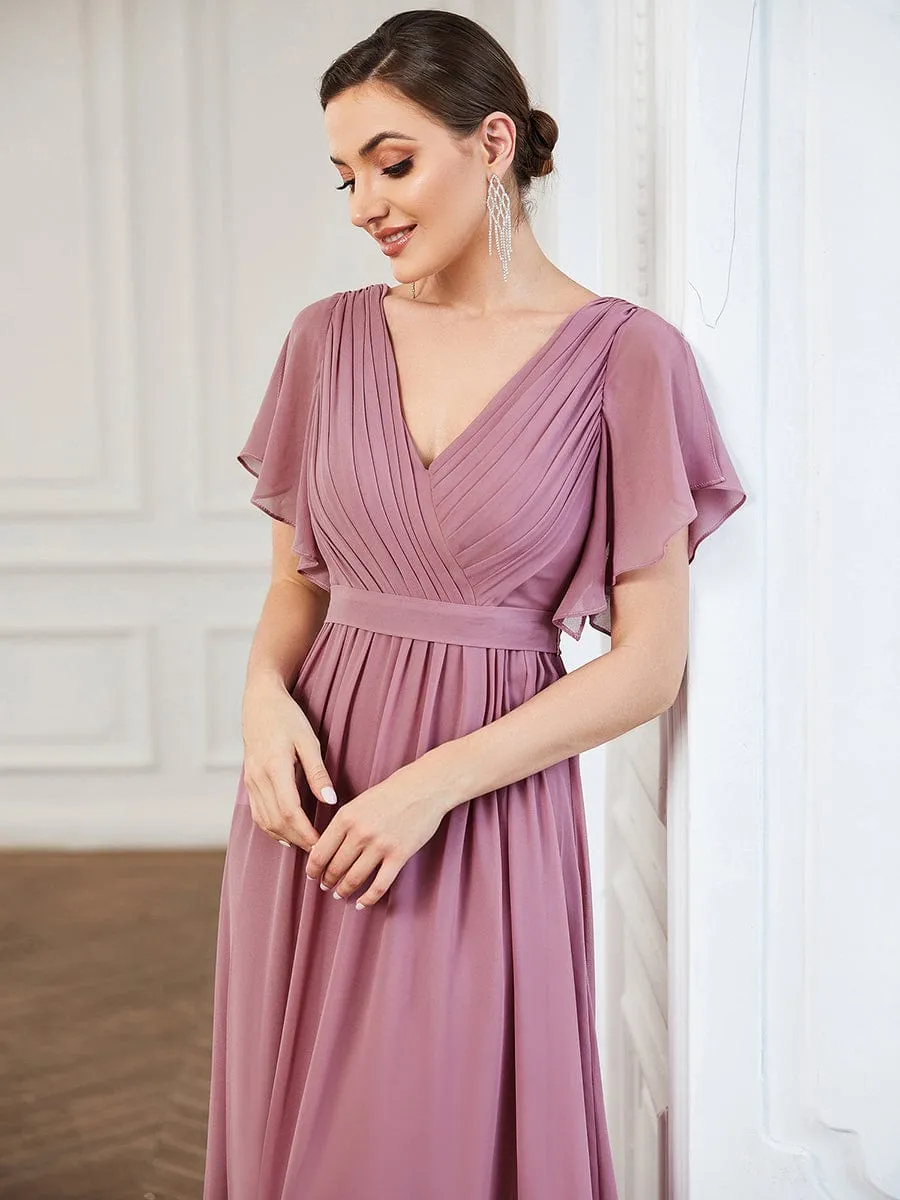 A-Line Pleated Chiffon Tie-Waist Wedding Guest Dress