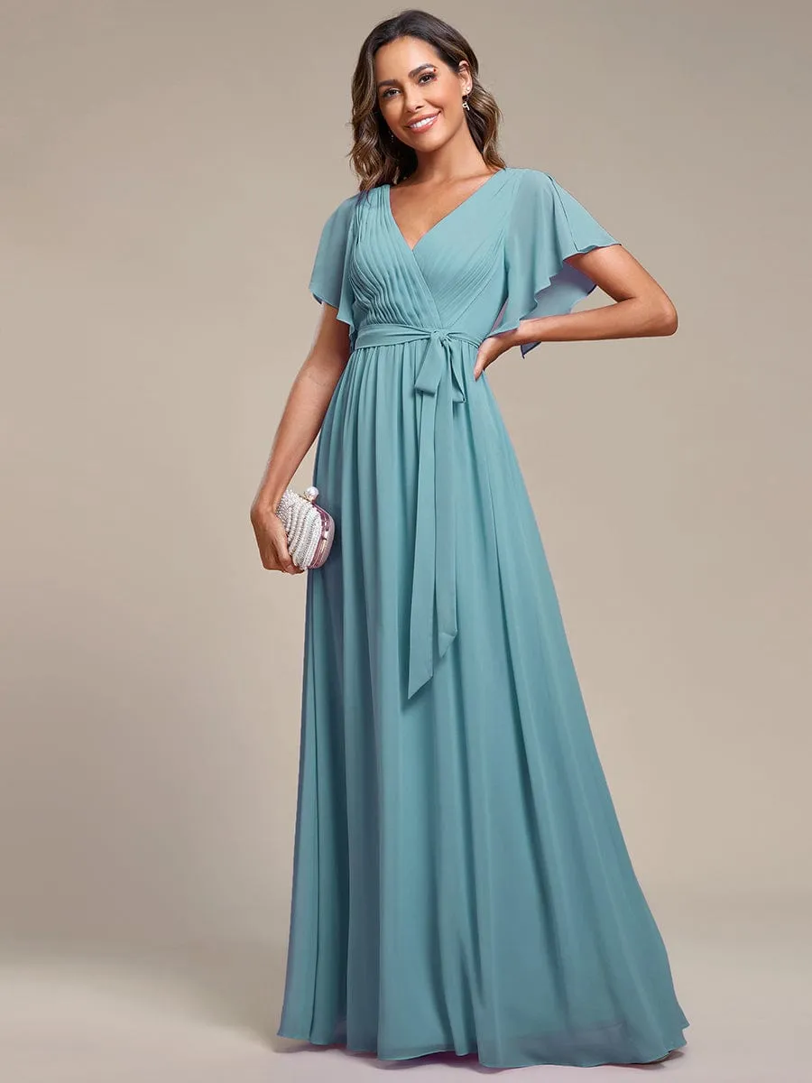 A-Line Pleated Chiffon Tie-Waist Wedding Guest Dress