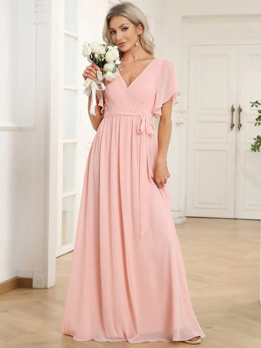 A-Line Pleated Chiffon Tie-Waist Wedding Guest Dress