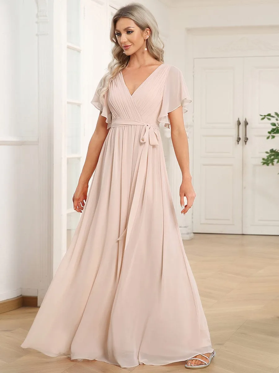 A-Line Pleated Chiffon Tie-Waist Wedding Guest Dress