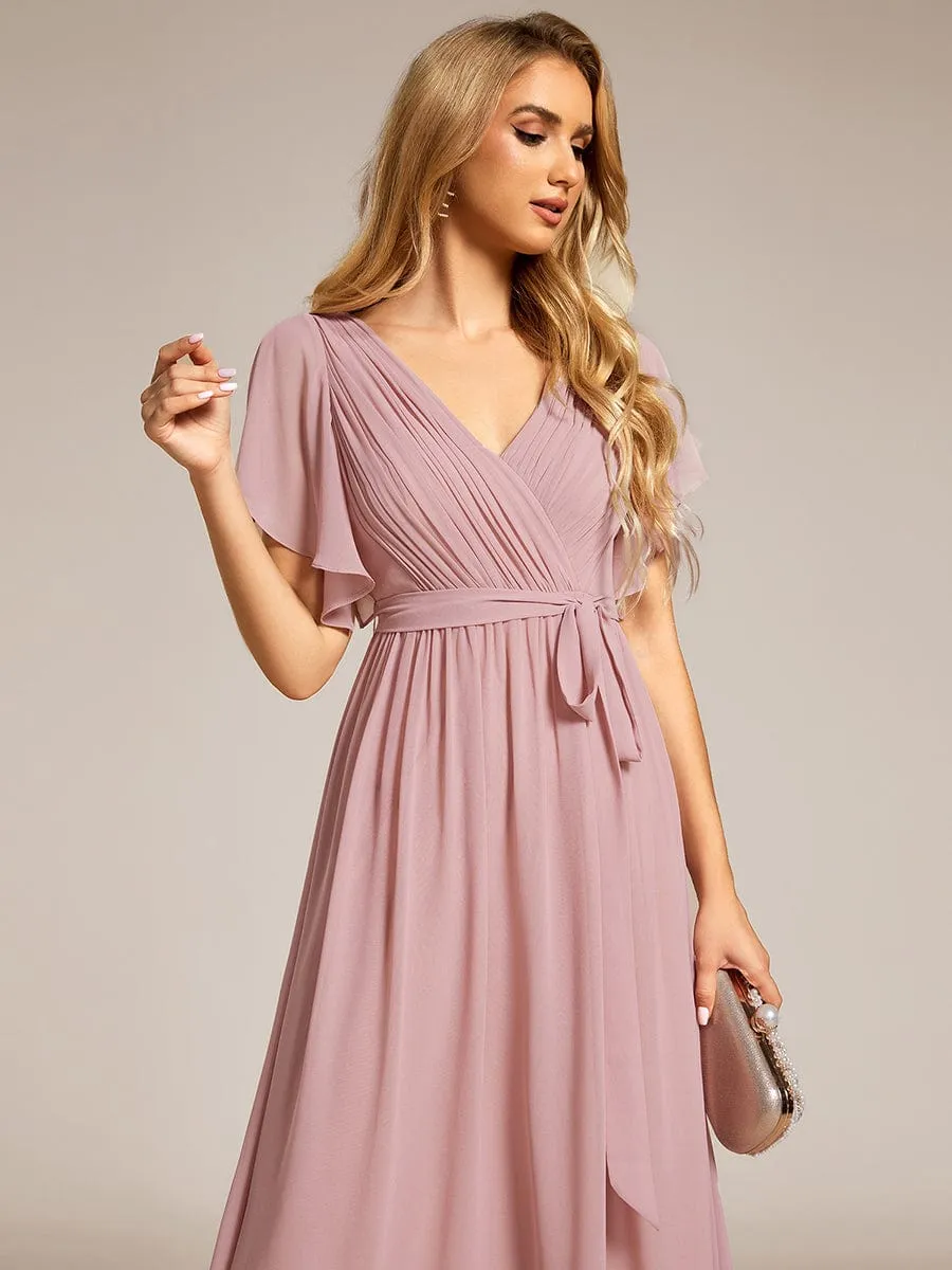 A-Line Pleated Chiffon Tie-Waist Wedding Guest Dress