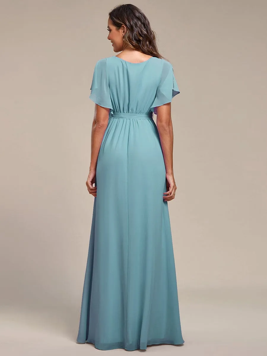 A-Line Pleated Chiffon Tie-Waist Wedding Guest Dress