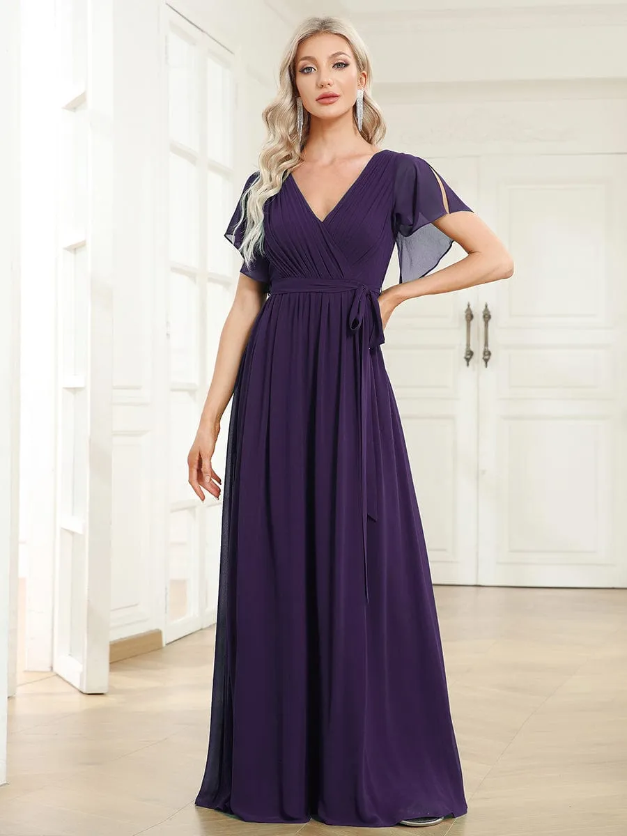 A-Line Pleated Chiffon Tie-Waist Wedding Guest Dress