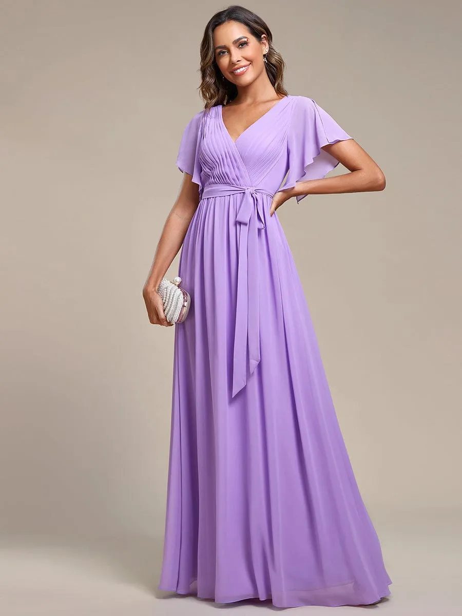 A-Line Pleated Chiffon Tie-Waist Wedding Guest Dress