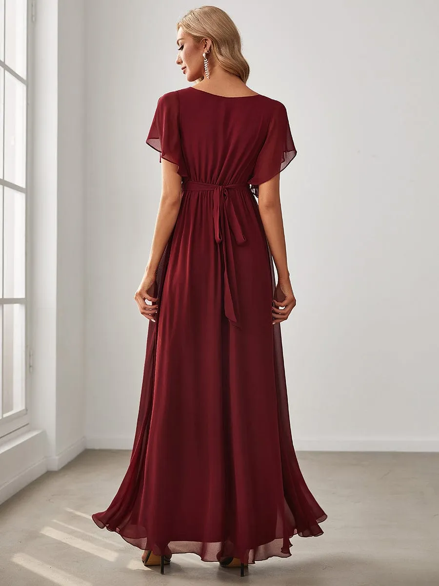 A-Line Pleated Chiffon Tie-Waist Wedding Guest Dress