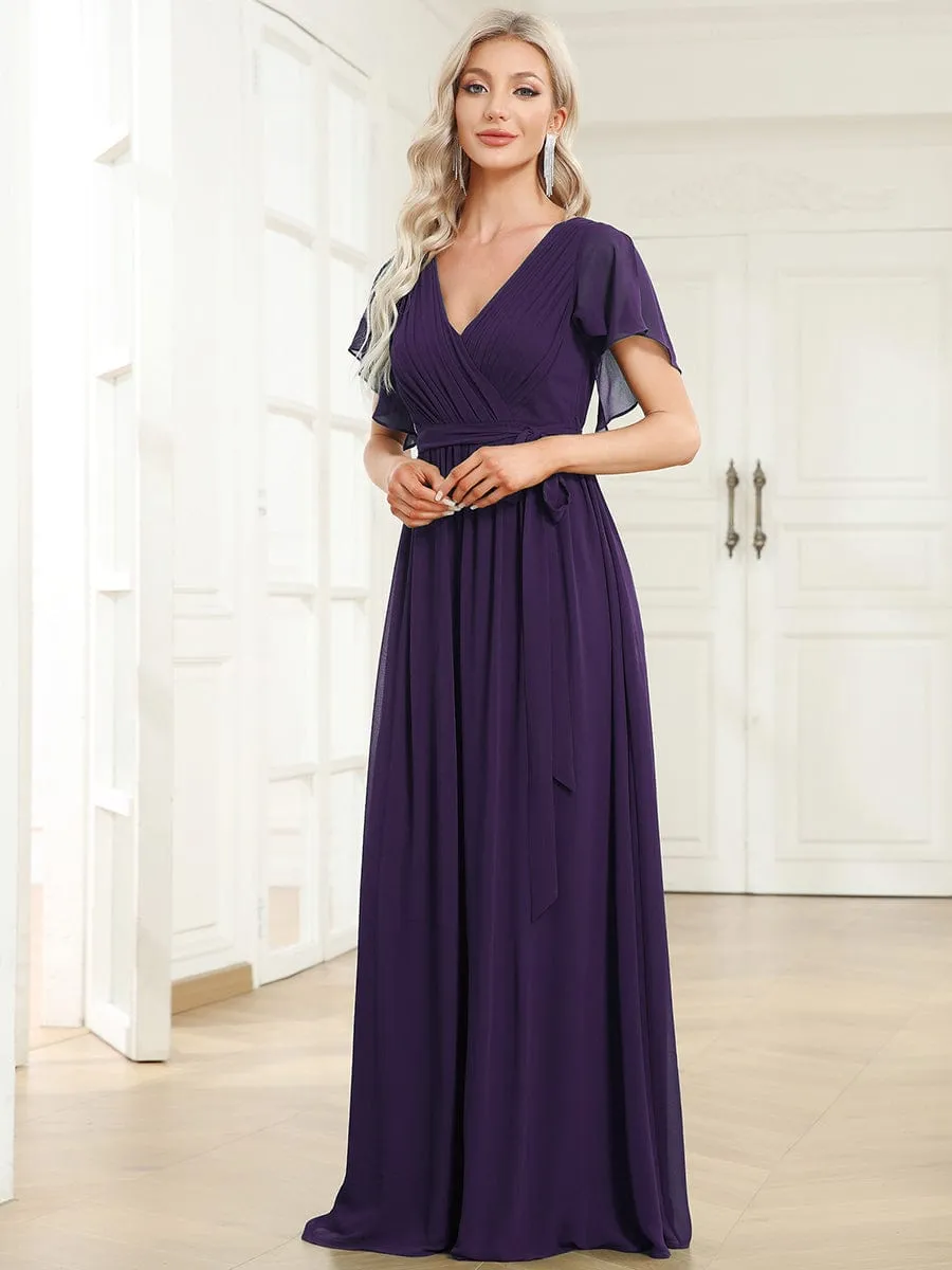 A-Line Pleated Chiffon Tie-Waist Wedding Guest Dress