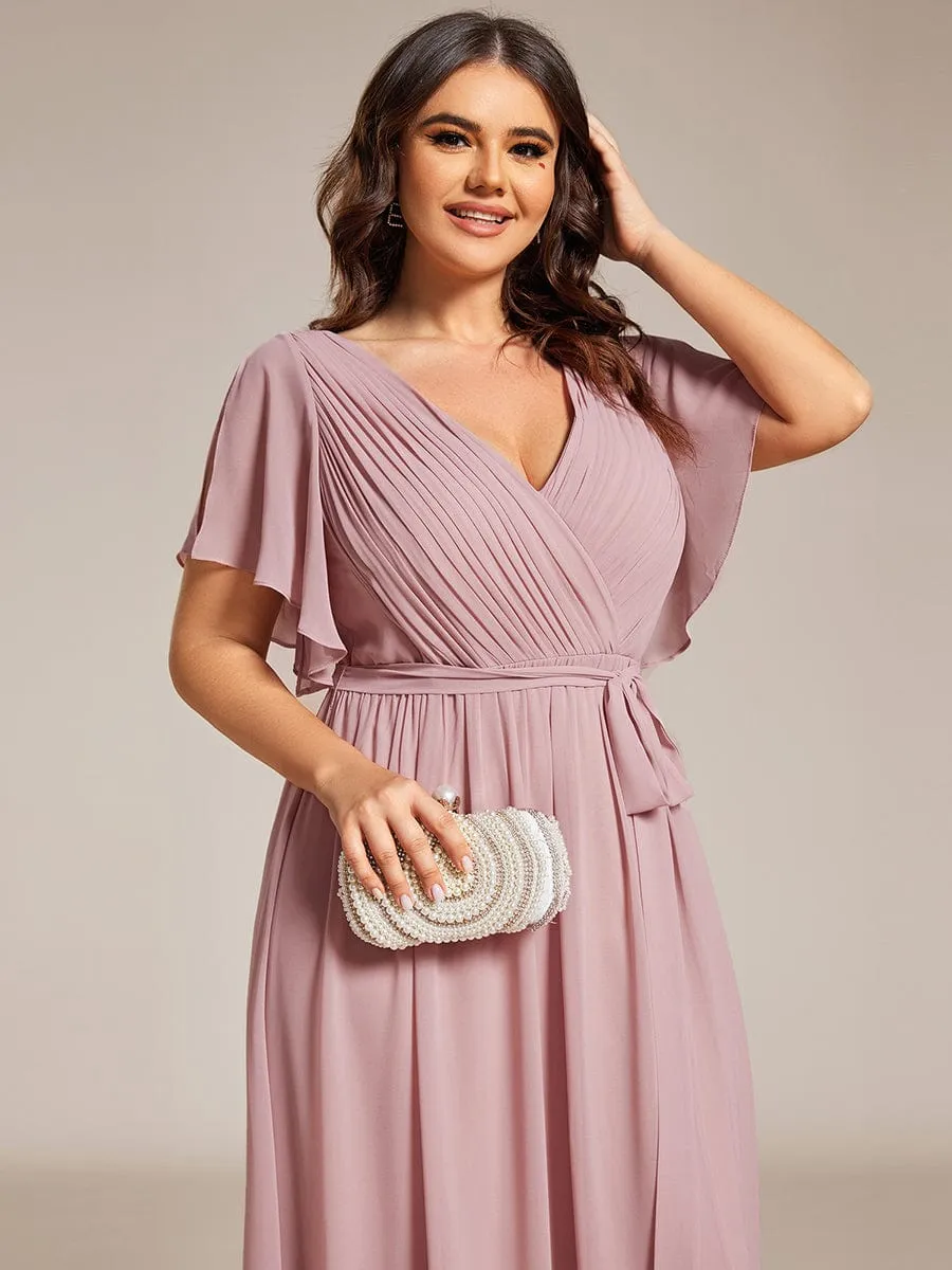 A-Line Pleated Chiffon Tie-Waist Wedding Guest Dress