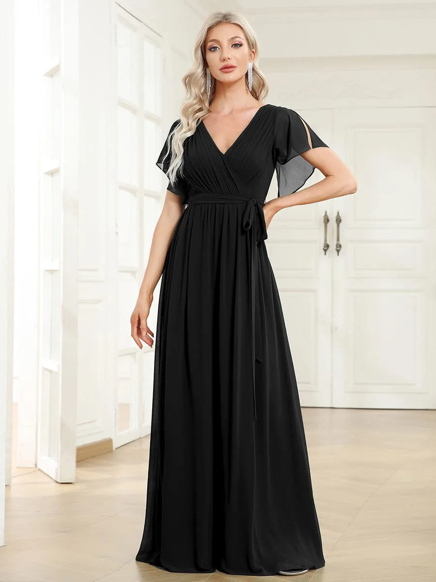 A-Line Pleated Chiffon Tie-Waist Wedding Guest Dress