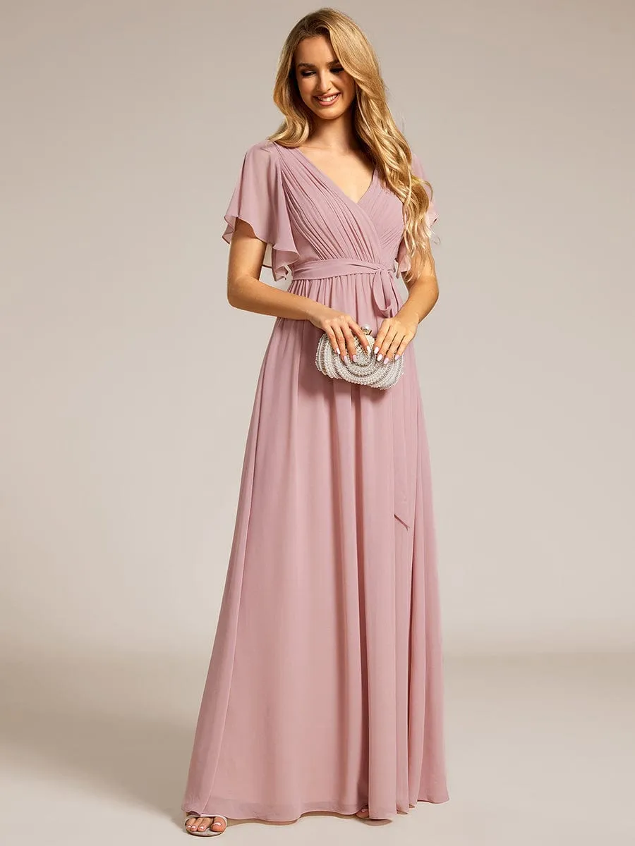 A-Line Pleated Chiffon Tie-Waist Wedding Guest Dress