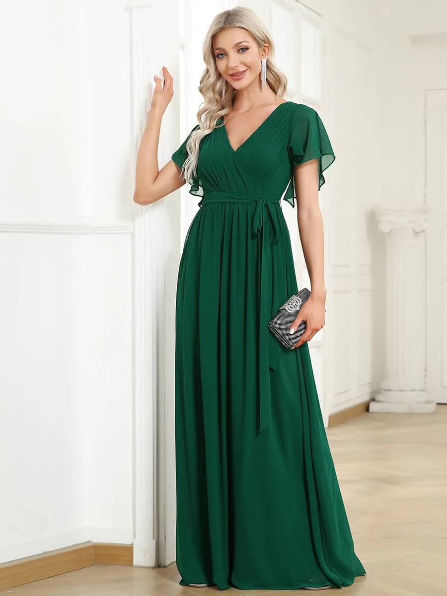 A-Line Pleated Chiffon Tie-Waist Wedding Guest Dress