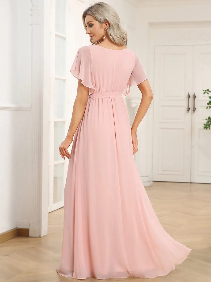 A-Line Pleated Chiffon Tie-Waist Wedding Guest Dress