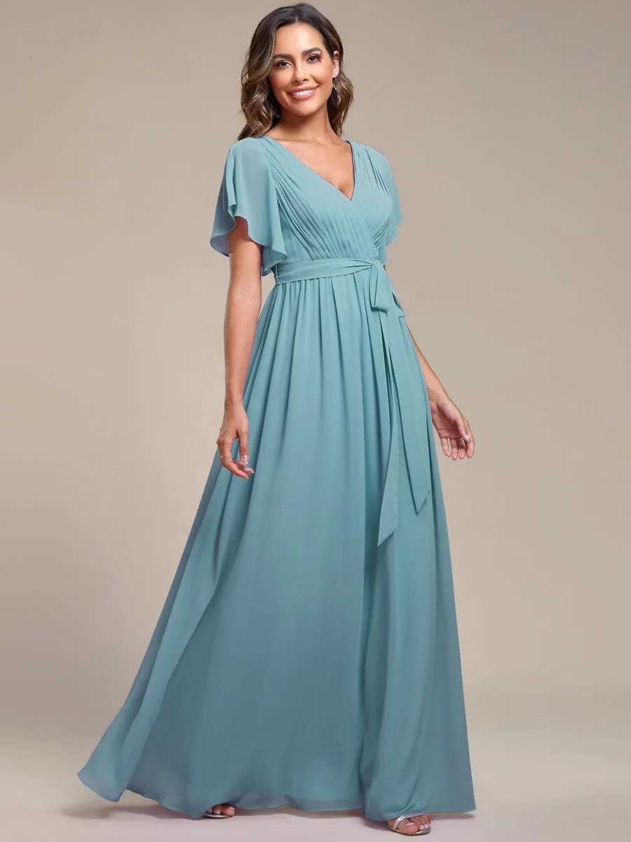 A-Line Pleated Chiffon Tie-Waist Wedding Guest Dress