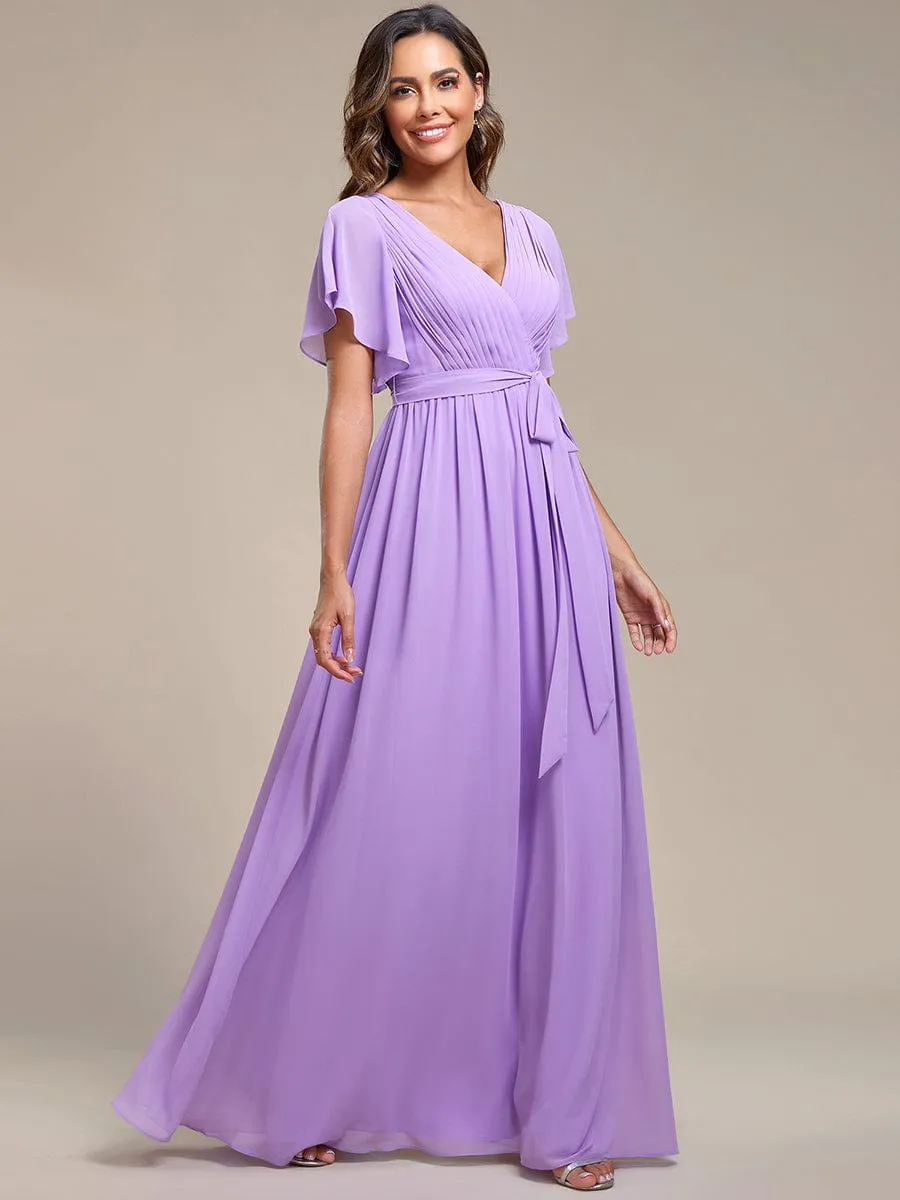 A-Line Pleated Chiffon Tie-Waist Wedding Guest Dress