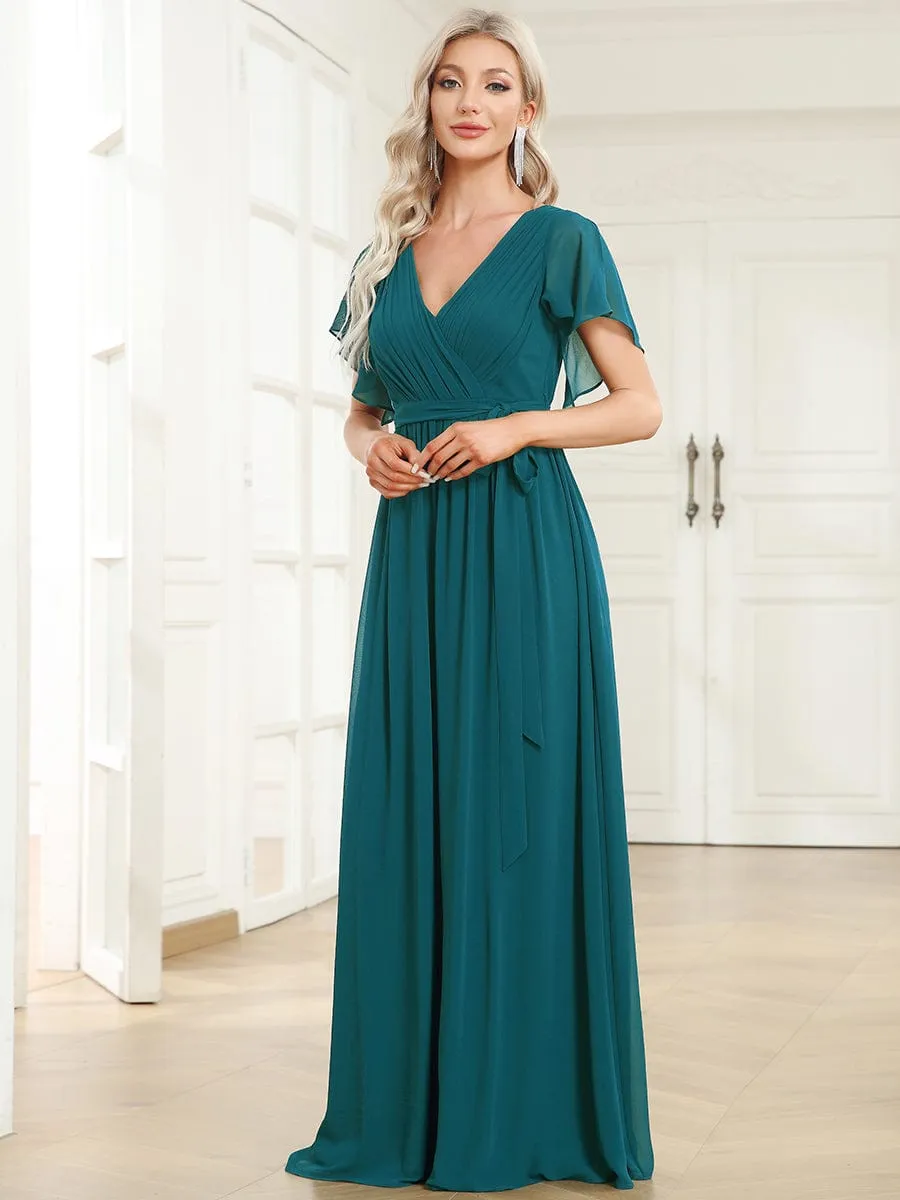 A-Line Pleated Chiffon Tie-Waist Wedding Guest Dress