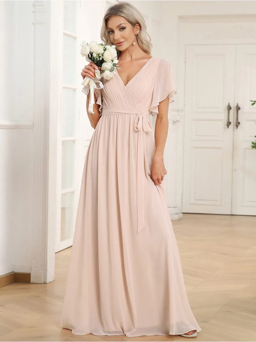 A-Line Pleated Chiffon Tie-Waist Wedding Guest Dress