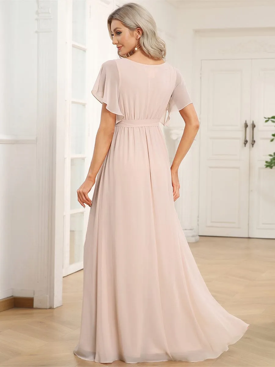 A-Line Pleated Chiffon Tie-Waist Wedding Guest Dress