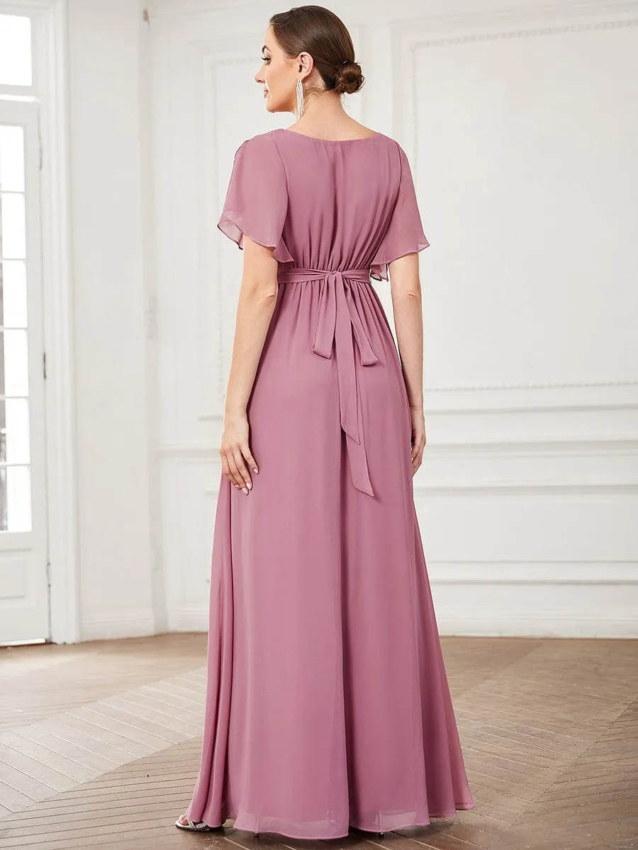 A-Line Pleated Chiffon Tie-Waist Wedding Guest Dress