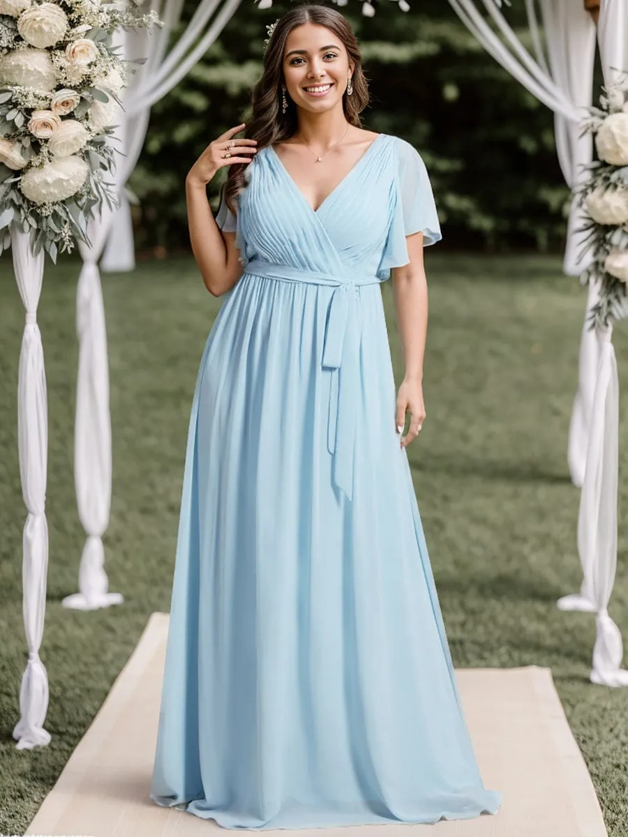 A-Line Pleated Chiffon Tie-Waist Wedding Guest Dress