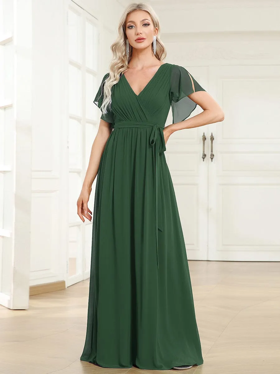 A-Line Pleated Chiffon Tie-Waist Wedding Guest Dress