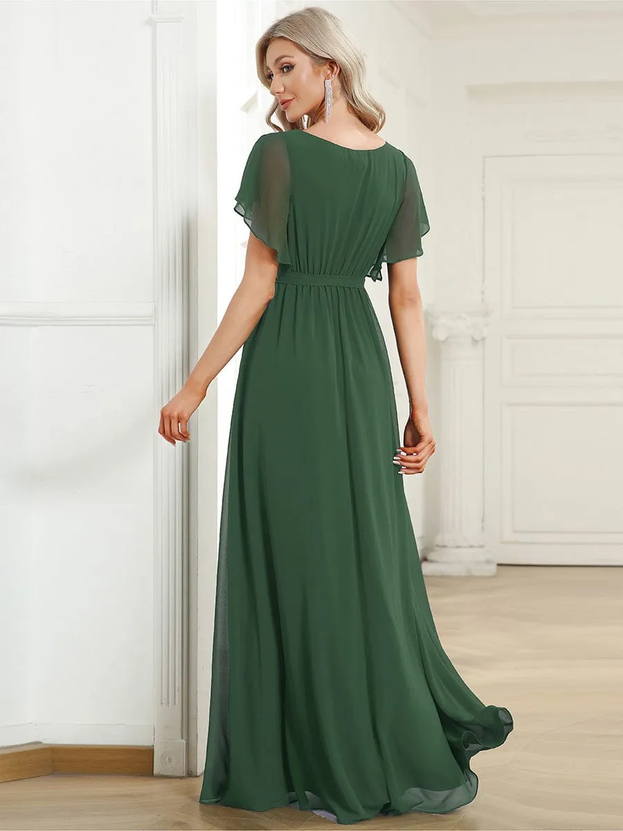 A-Line Pleated Chiffon Tie-Waist Wedding Guest Dress