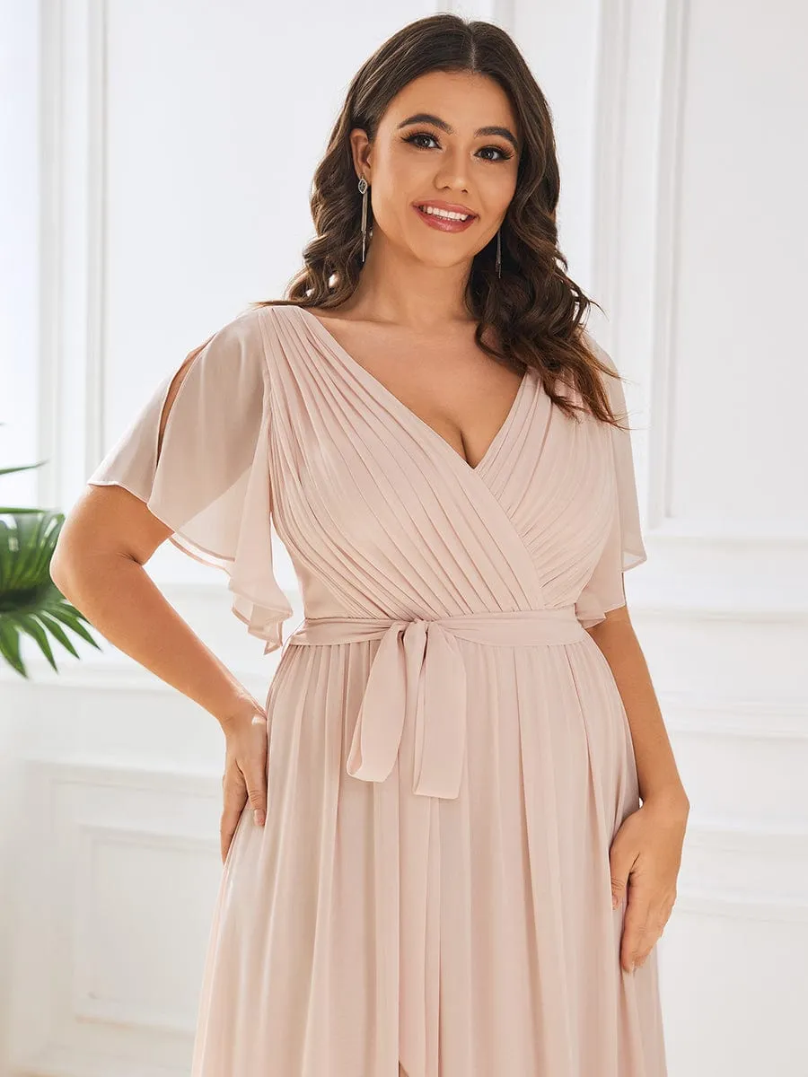 A-Line Pleated Chiffon Tie-Waist Wedding Guest Dress