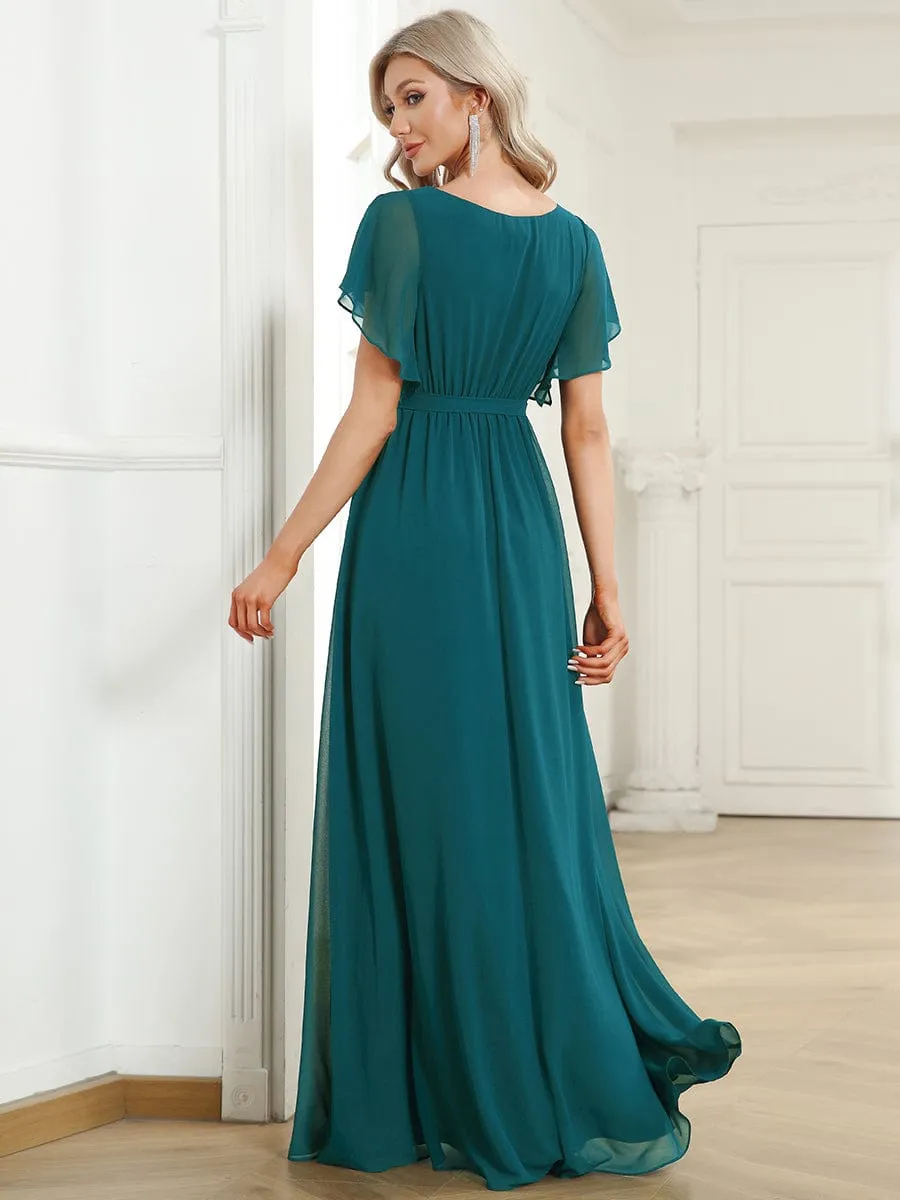 A-Line Pleated Chiffon Tie-Waist Wedding Guest Dress