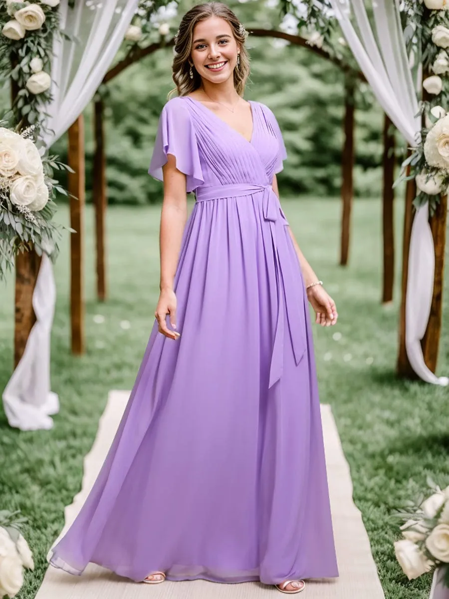 A-Line Pleated Chiffon Tie-Waist Wedding Guest Dress