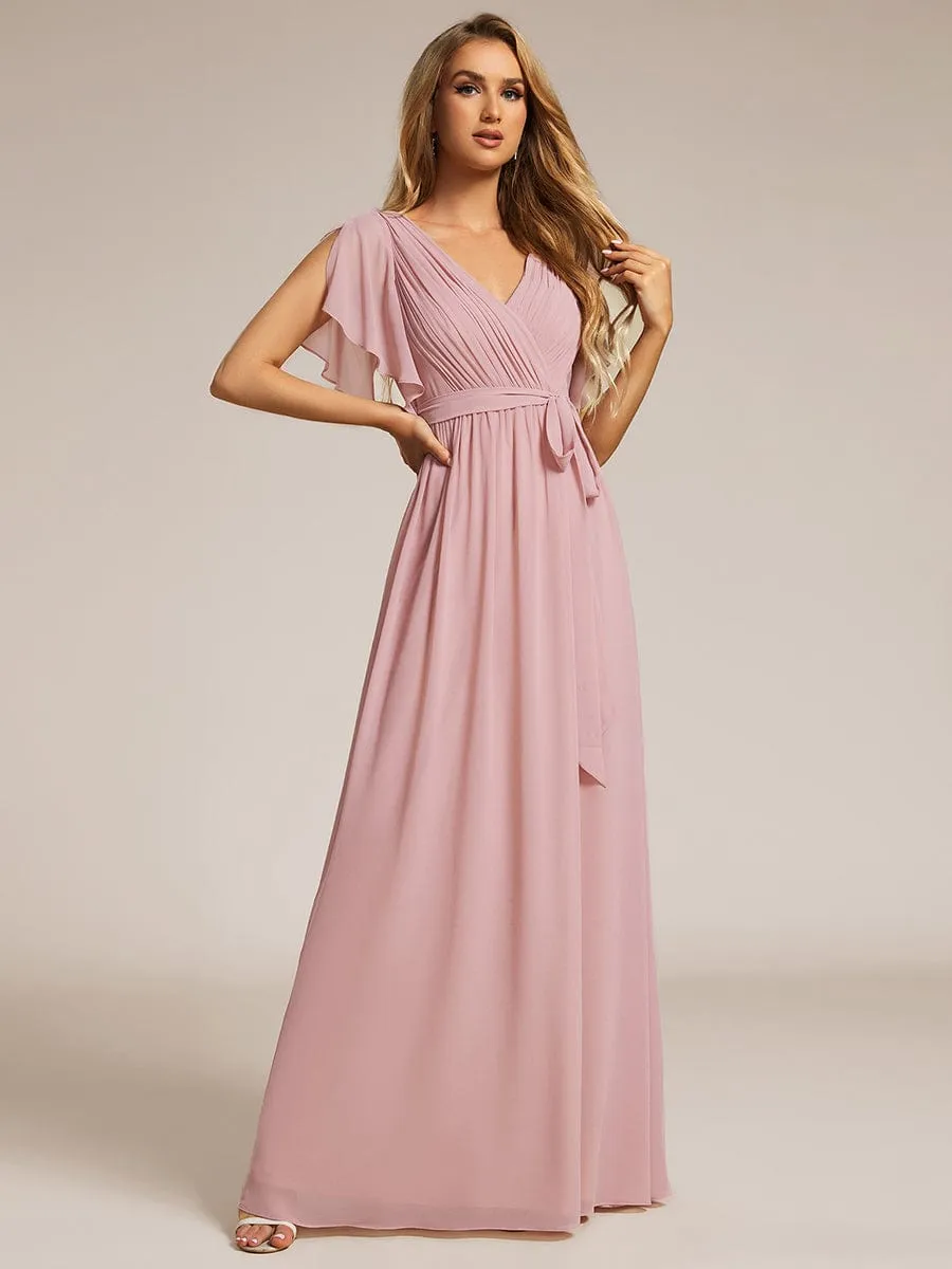 A-Line Pleated Chiffon Tie-Waist Wedding Guest Dress