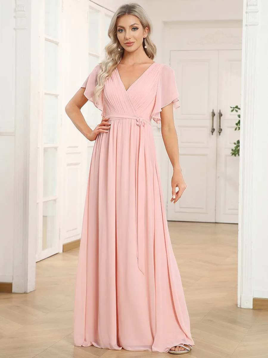 A-Line Pleated Chiffon Tie-Waist Wedding Guest Dress